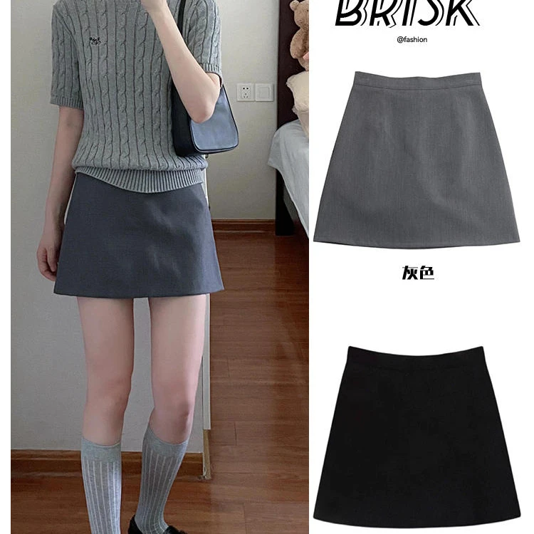 灰色高腰西装短裙女2025春夏新款防走光学院风a字百搭包臀半身裙
