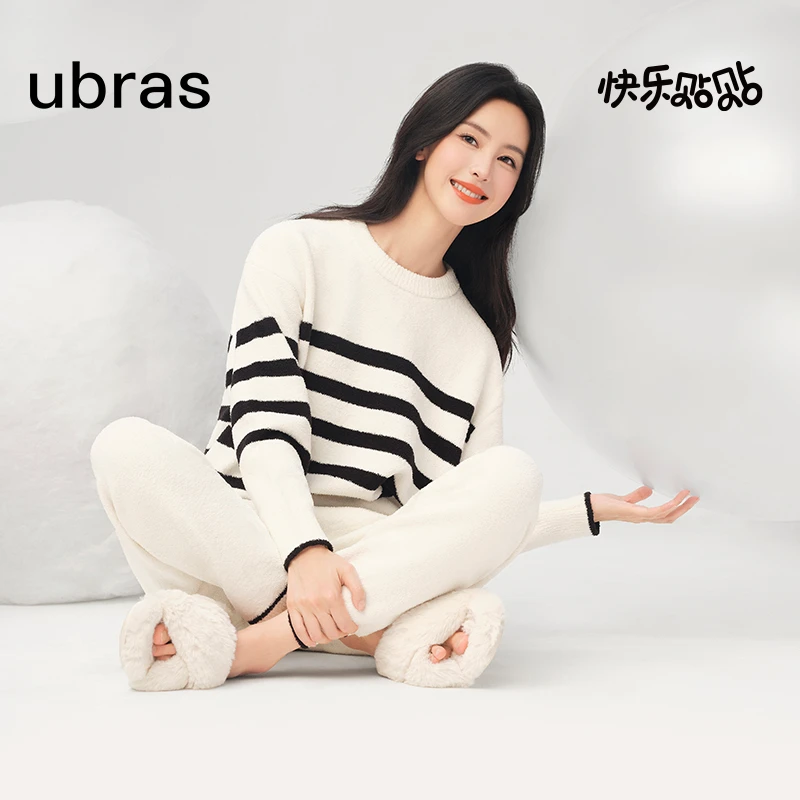 ubras慕斯绒条纹圆领套头家居服套装（男女款）情侣秋冬长袖DII