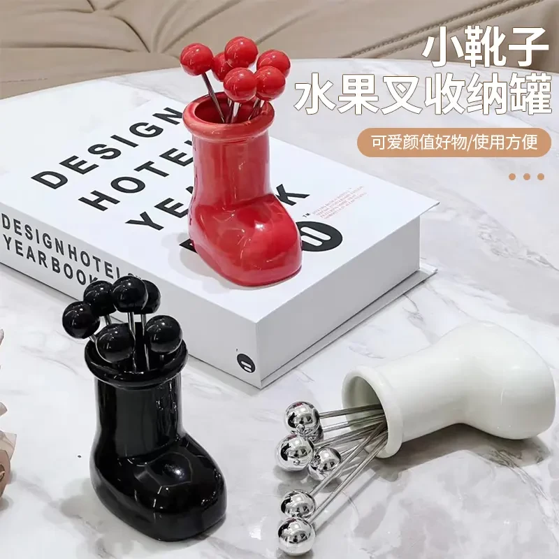 小靴子水果叉收纳罐轻奢不锈钢小叉子水果签水果叉甜品蛋糕叉套装