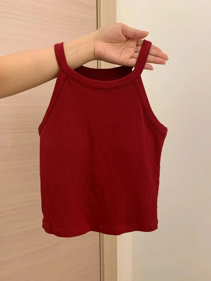 夏日多巴胺女童新款吊带显白复古红色港风中大童百搭短款背心