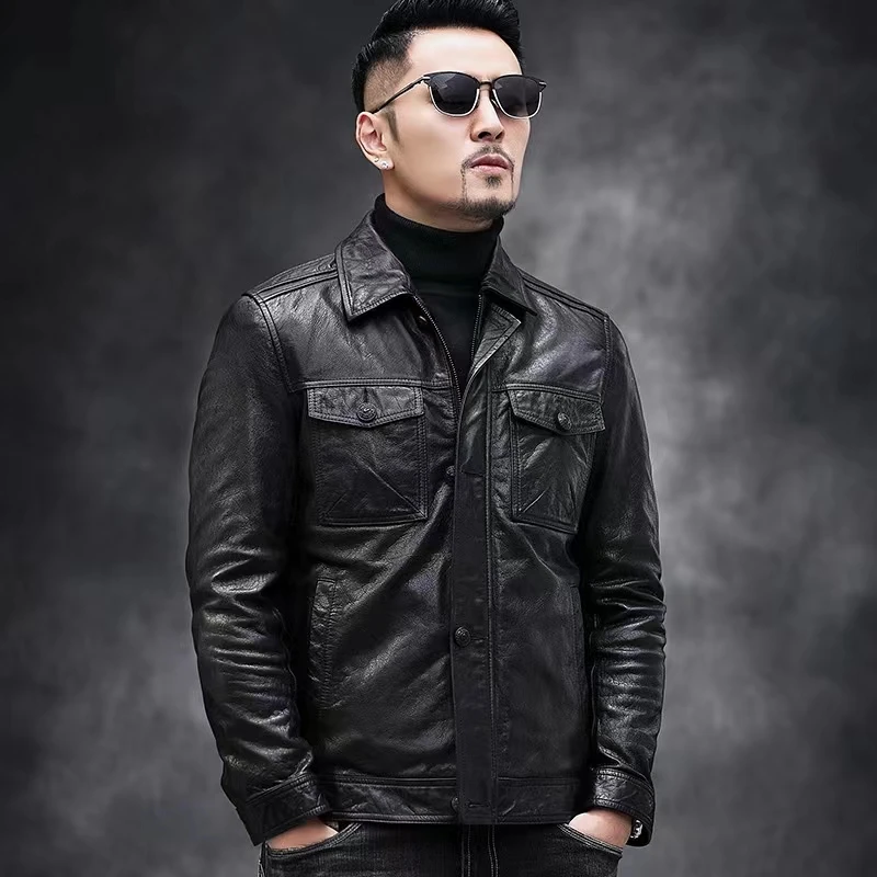 男士春秋短款休闲黑色真皮牛皮潮流修身翻领时尚春秋款百搭复古