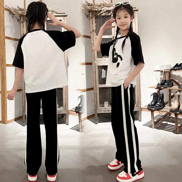 2025夏季新款中大童女童短袖 T恤时尚百搭女孩撞色阔腿裤两件套潮