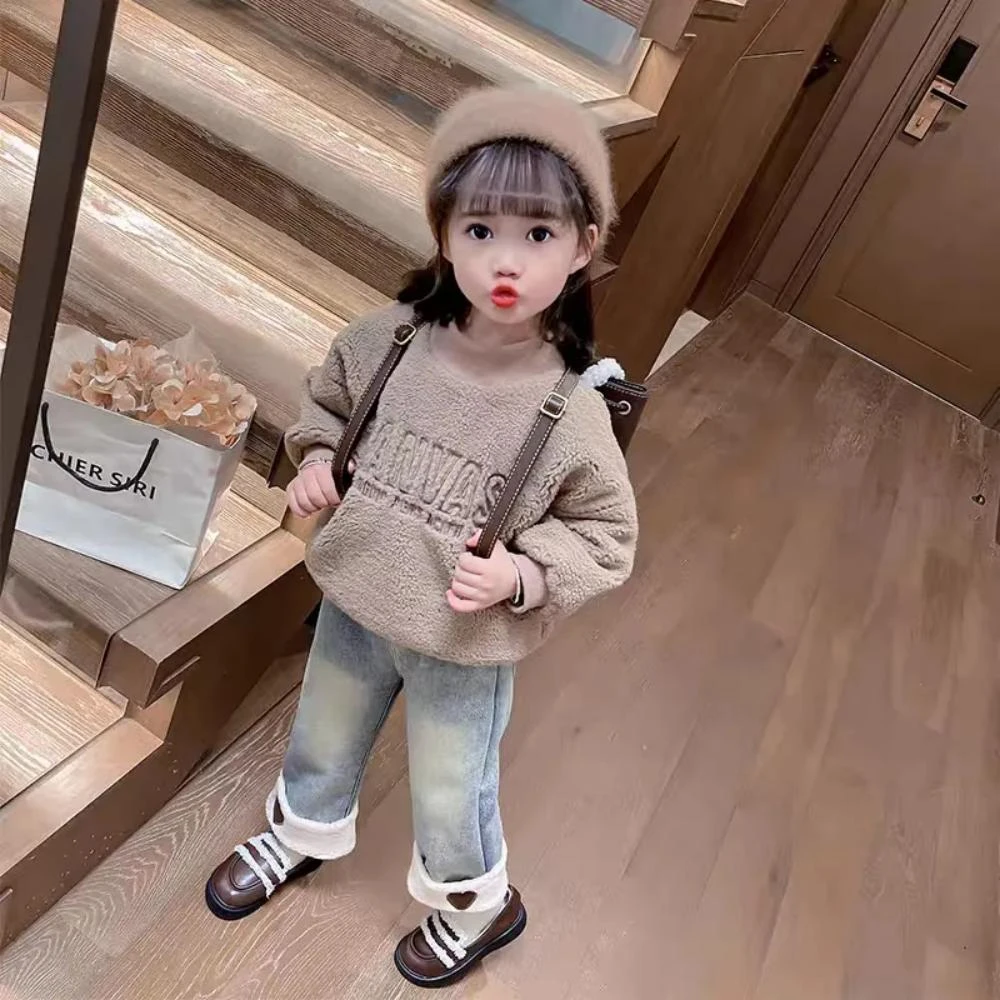 女孩冬装裤牛仔裤2024冬季新款加绒加厚女宝宝韩版时髦阔腿裤子潮