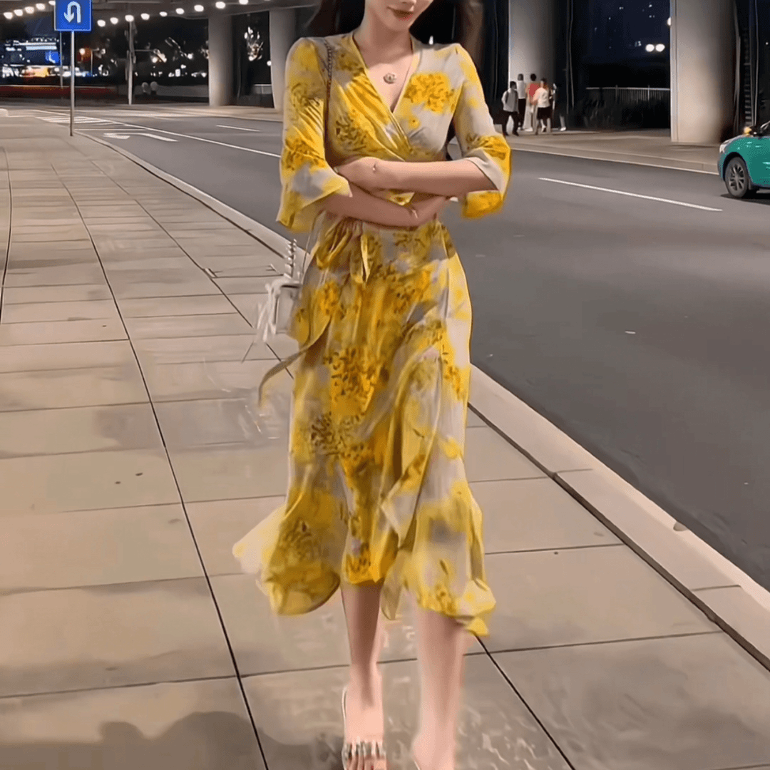 夏季气质新款印花玫瑰花型一片式连衣裙系带时尚设计款不规则长裙