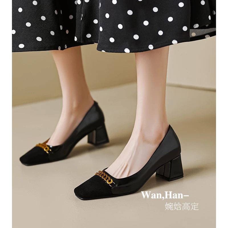 5cm/牛皮+羊皮/粗跟浅口单鞋女高跟百搭金属方头通勤工作女鞋子
