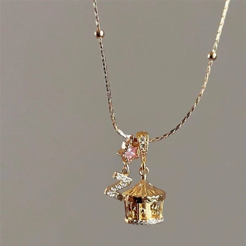 合金项链 款旋转木马镶钻Z字母星星精致项链女童趣精美锁骨链百搭