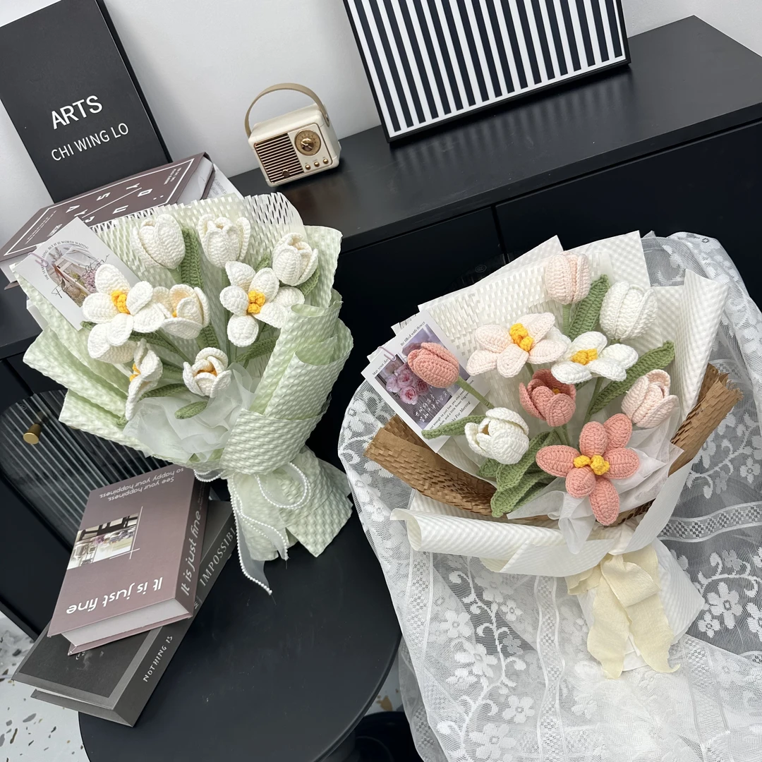 毛线编织开口郁金香花束手工diy钩织成品花情人节送女生闺蜜礼物