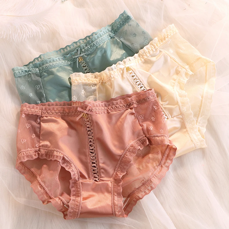 少女蕾丝舒适缎面内裤性感网纱透气无痕中腰薄款棉裆女士三角短裤