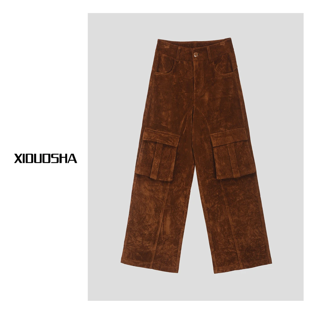 XIDUOSHA【冬季新品】欧货原创设计复古显瘦大口袋加绒工装直筒裤