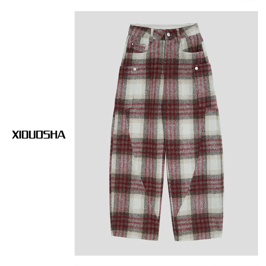 XIDUOSHA/喜朵莎原创设计感加绒显瘦格子毛呢直筒裤XDS929