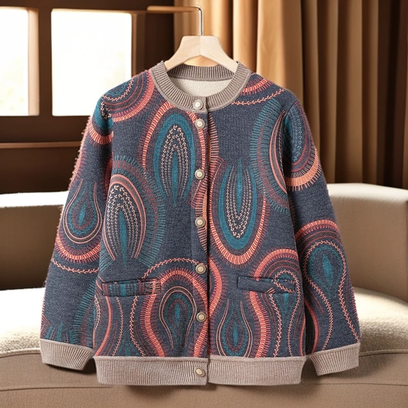 时尚新款洋气中老年毛衣妈妈装加绒加厚针织开衫保暖秋冬外套圆领