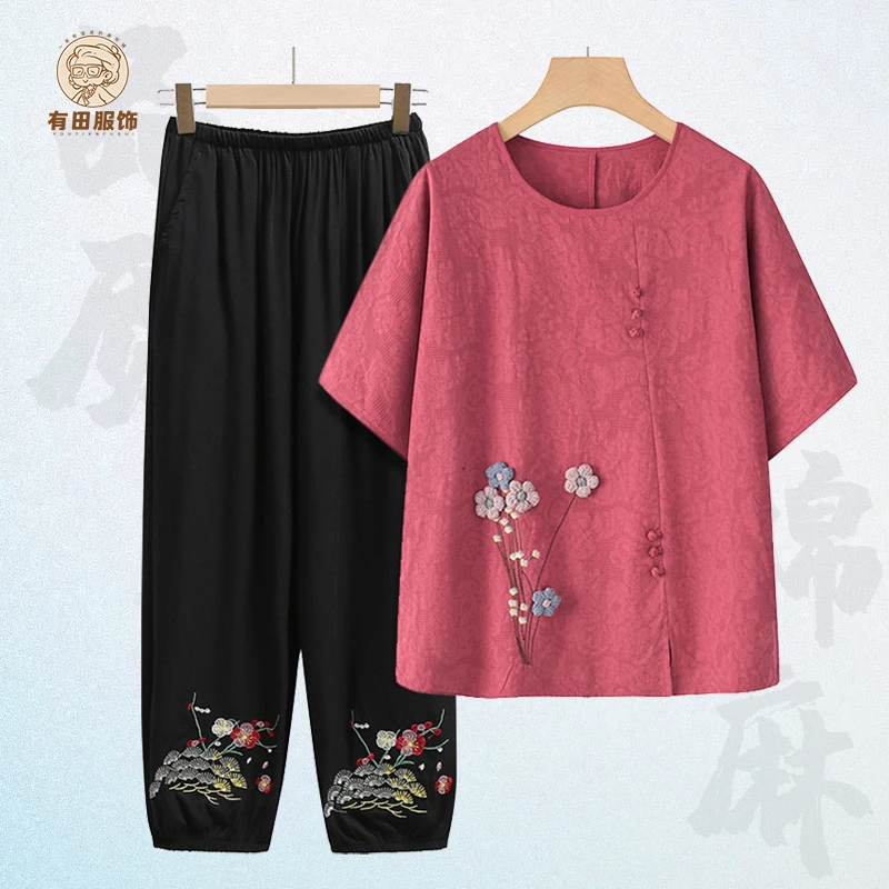妈妈夏装短袖上衣女中老年薄款棉质洋气妈妈套装老人太太衣服夏季