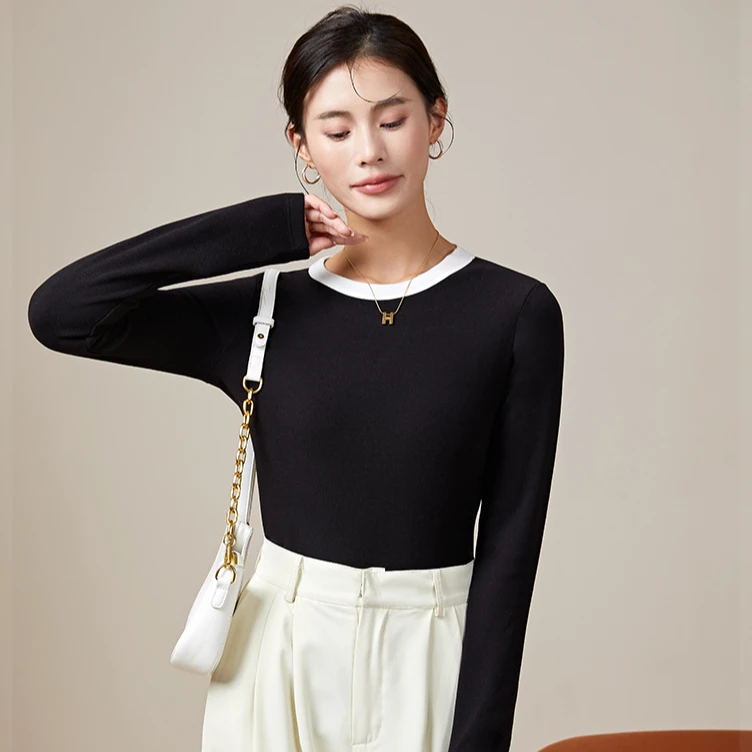 醋酸绵羊毛撞色圆领打底衫气质长袖T恤上衣LB-M2317