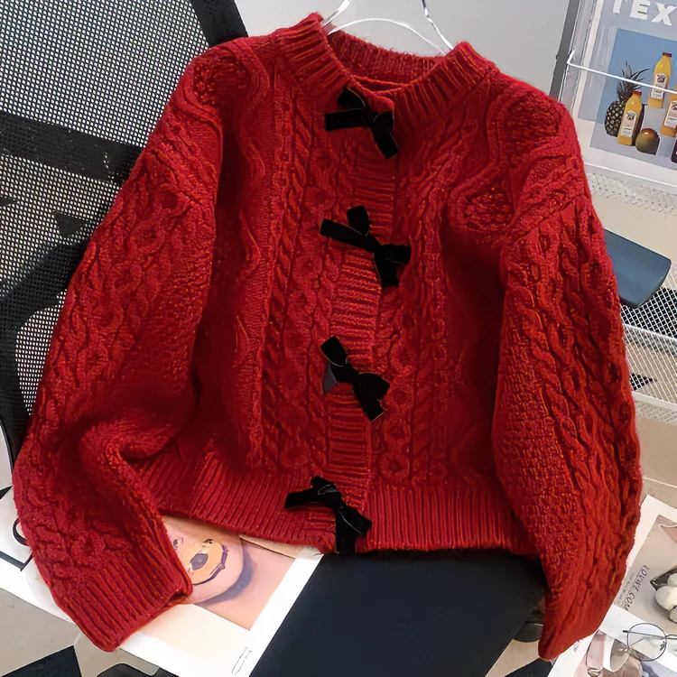 蝴蝶结毛衣外套女秋冬外穿宽松慵懒复古麻花韩版甜美女打底衫新款