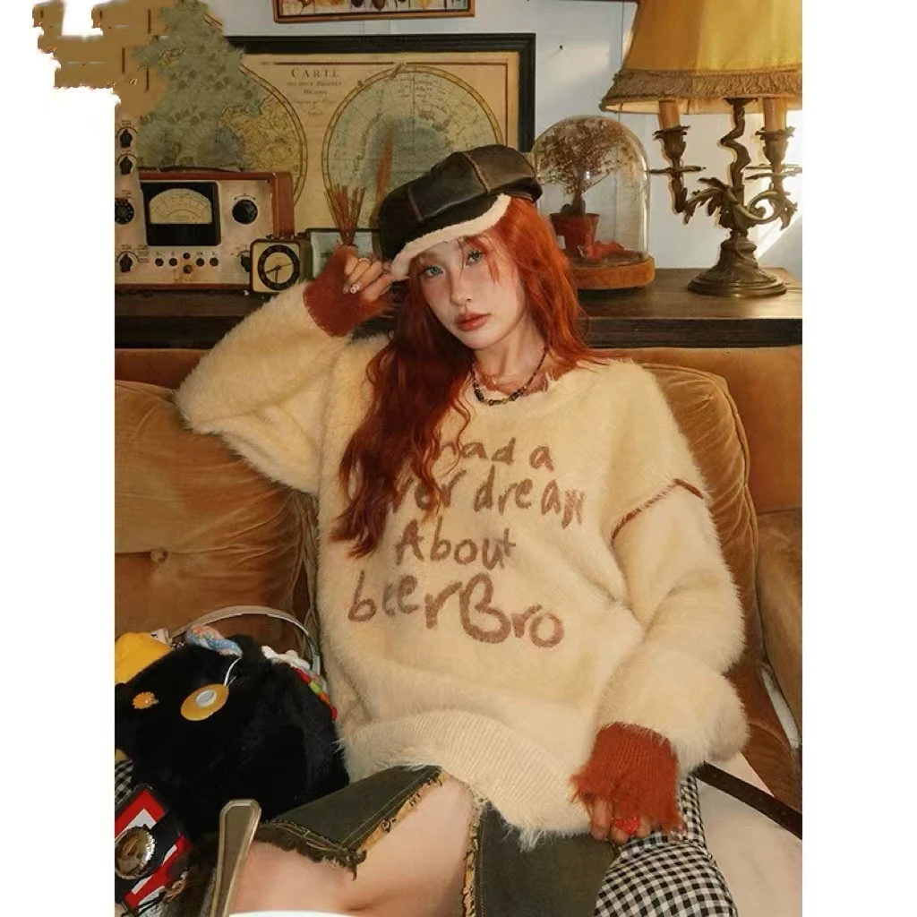 新款美式国潮字母提花圆领撞色情侣毛衣秋冬小众针织衫上衣毛衣女