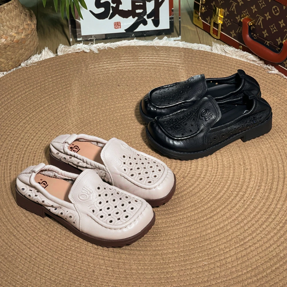 圆头乐福鞋女款夏季镂空皮鞋真皮软底妈妈鞋牛皮一脚蹬防滑中老年