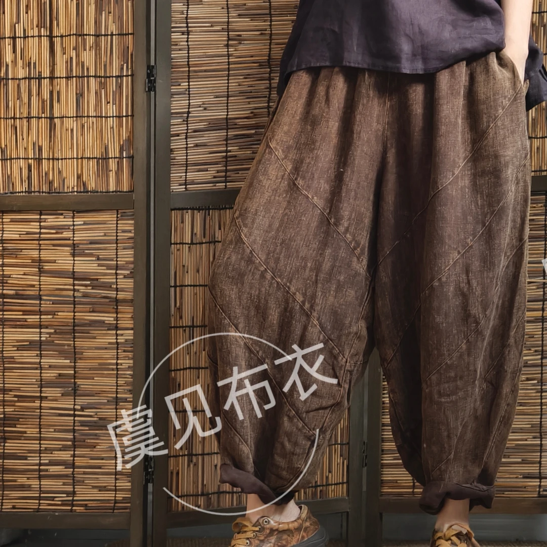 虞姑娘推荐  复古炒色做旧亚麻弧形多拼老爹裤【裤长90臀围170】
