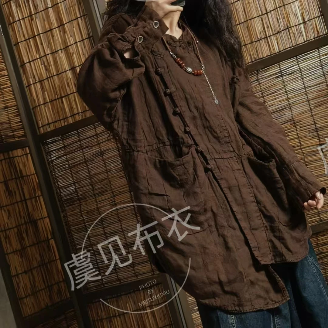 虞姑娘 高定亚麻双层斜襟后背褴褛设计款上衣【衣长80胸围140】