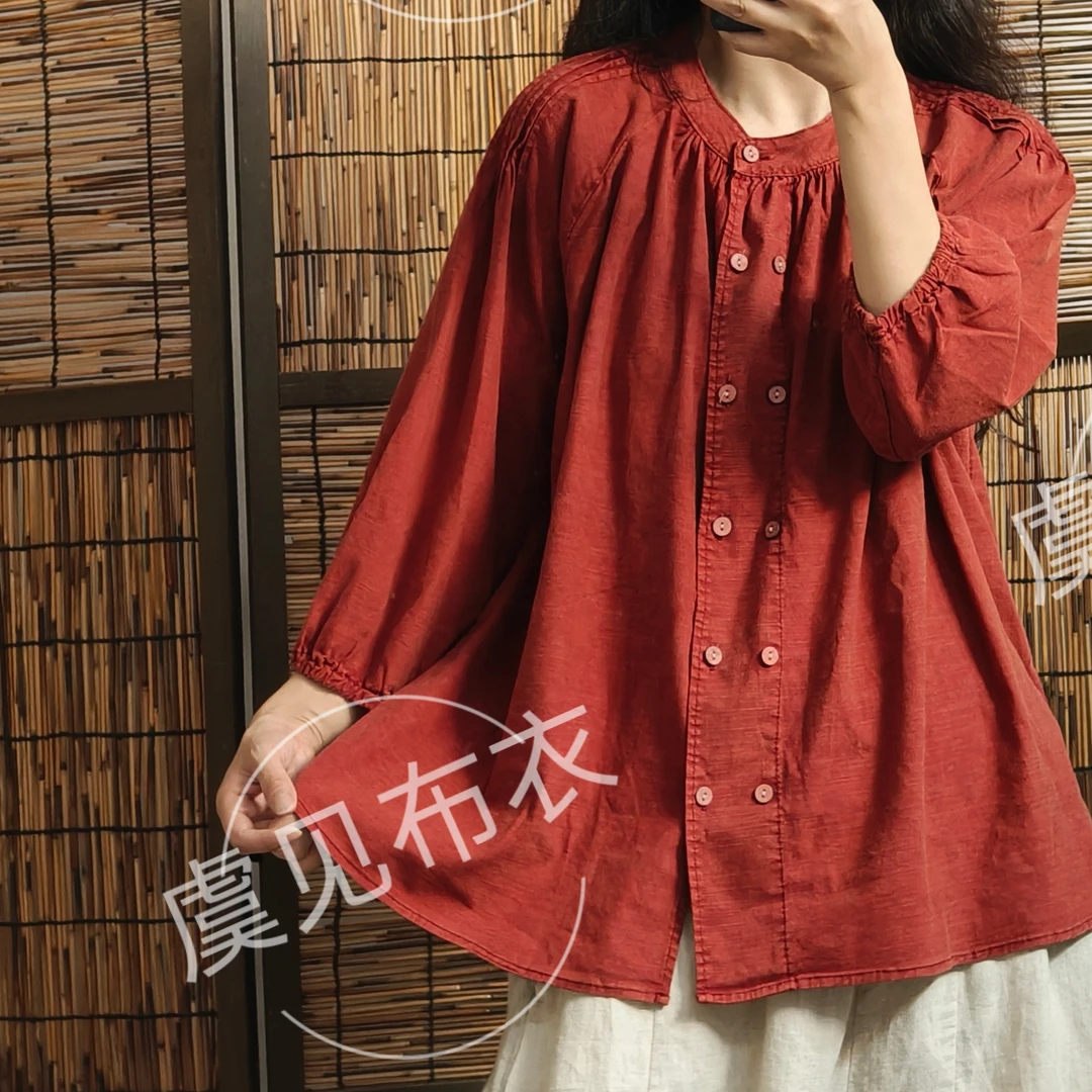 虞姑娘推荐 复古炒色做旧包边麻棉肩打褶双排扣杉【衣长67胸围138】