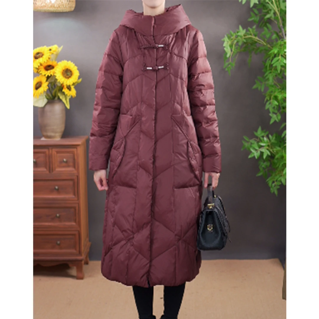 【事事如意】冬季新款羽绒服90白鸭绒连帽中长款过膝保暖加厚外套女