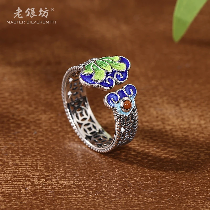 925银戒指 【老银坊】烧蓝金钱牡丹如意戒 00311973