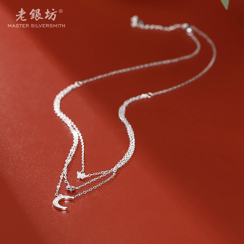 链子925银 【老银坊】s925银三线星月套链 0022340