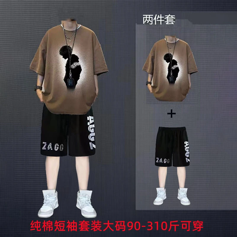 夏季纯棉短袖套装男士潮流加肥加大码休闲一套搭配短裤宽松两件套