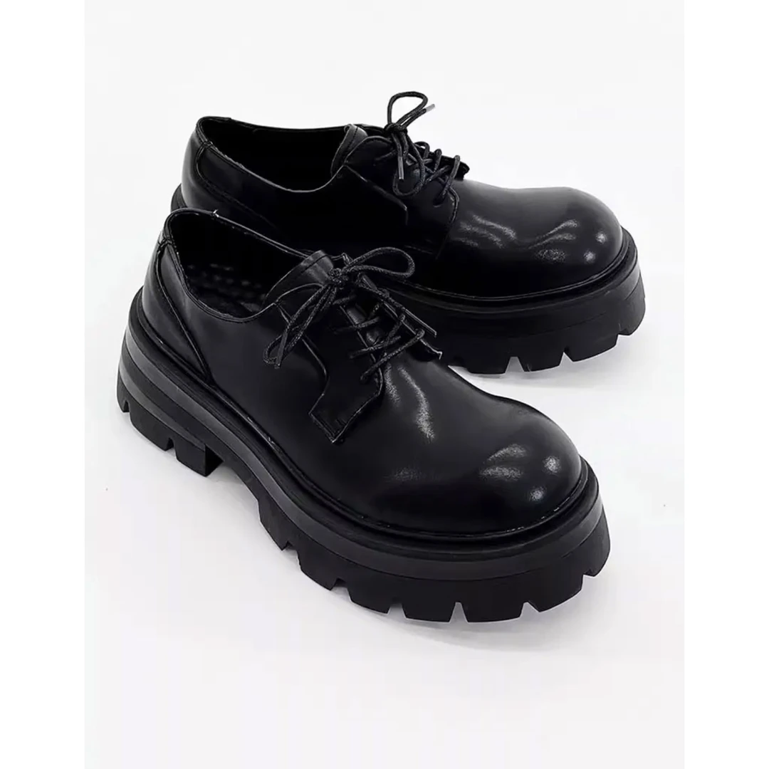 德比鞋男士黑色时尚厚底粗跟7CM增高皮鞋Cleanfit大头休闲皮鞋潮