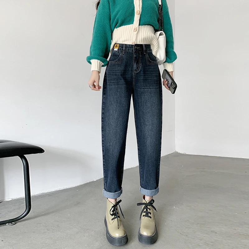 牛仔裤女冬装2022年高腰颜值显高显瘦宽松阔腿哈伦萝卜老爹裤子