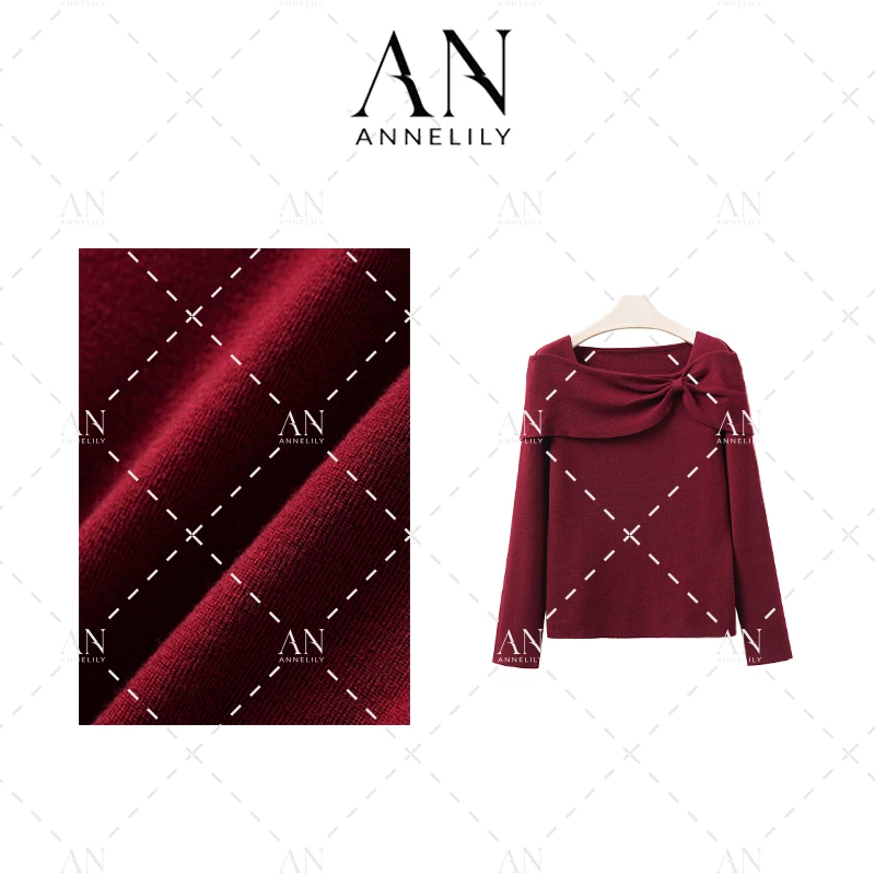 ANNELILY【红颜】新款设计感精致百搭重工针织露肩毛衣AC2409042