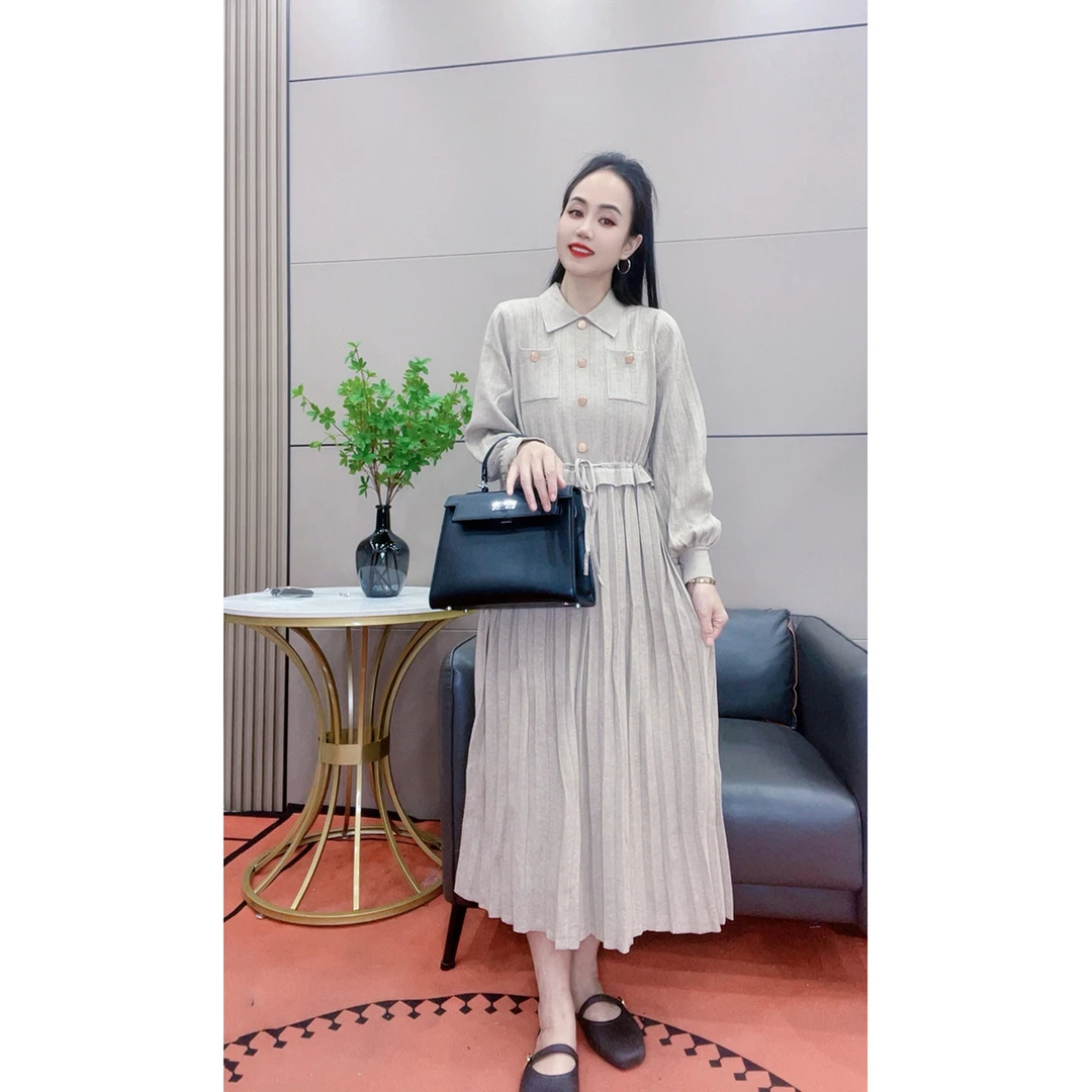 3489 小香风抽绳收腰显瘦连衣裙秋冬新款长袖针织裙