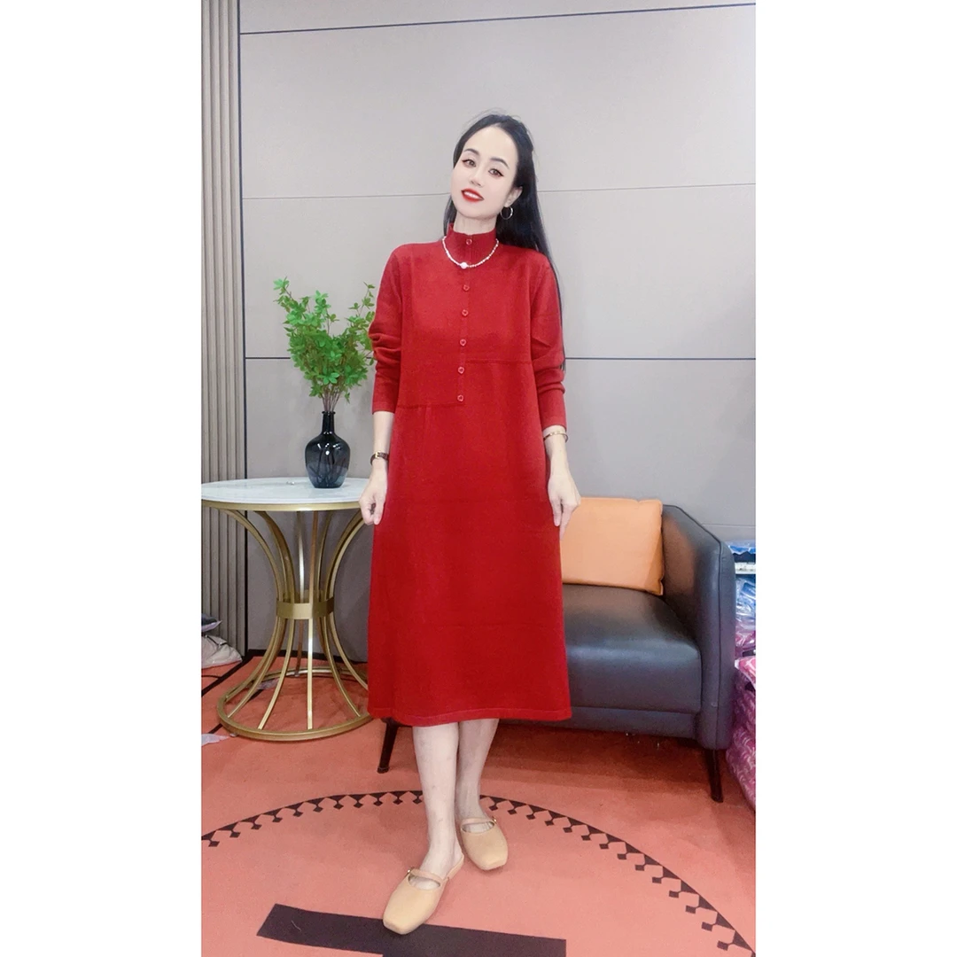 3427 秋冬新款中高领排扣长袖连衣裙显瘦气质针织裙