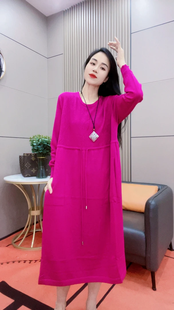 138 早春新款长袖抽绳连衣裙大码女装连衣裙