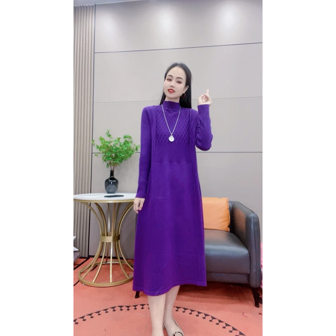 3568 华夫格秋冬新款加厚高领针织连衣裙秋冬长款长袖打底裙