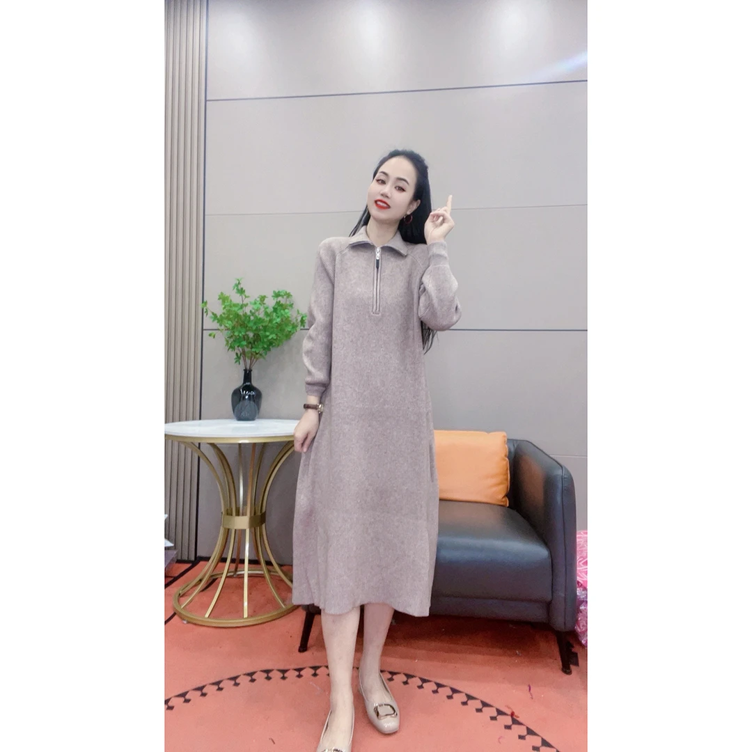 3574 秋冬新款拉链立领长袖加厚连衣裙