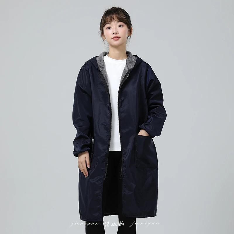 长袖防水加厚绒加长罩衣厨房围裙男女理发大褂劳保风衣外套工作服