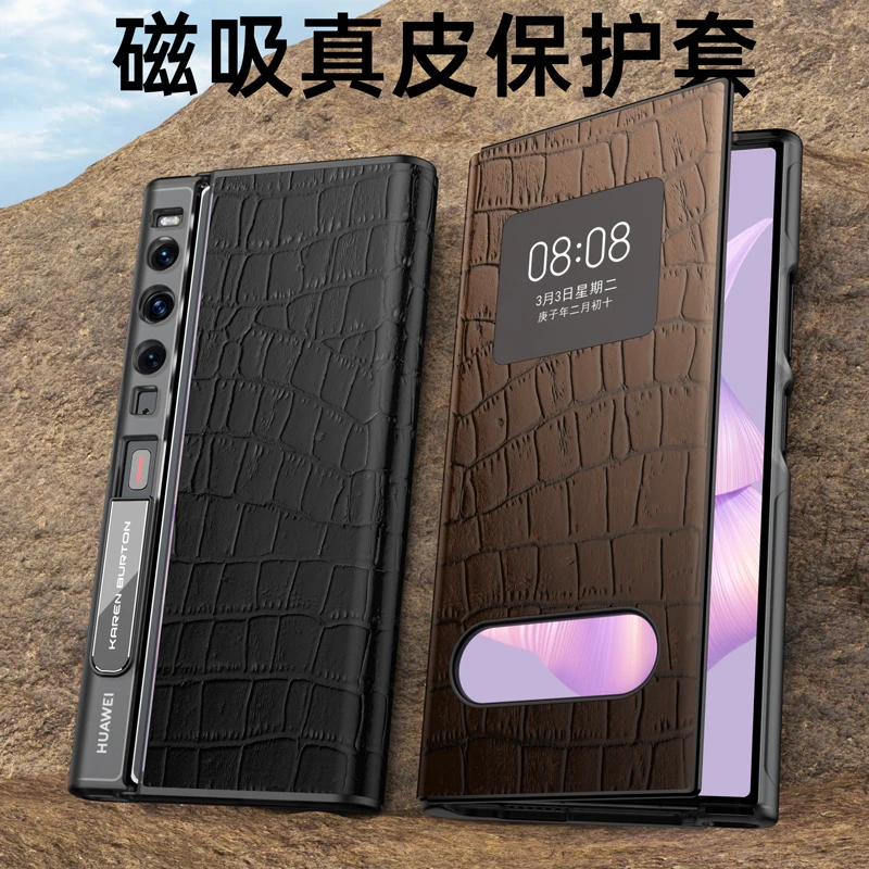 适用于华为MateXs2真皮全包手机壳磁吸翻盖鳄鱼纹高端商务保护套
