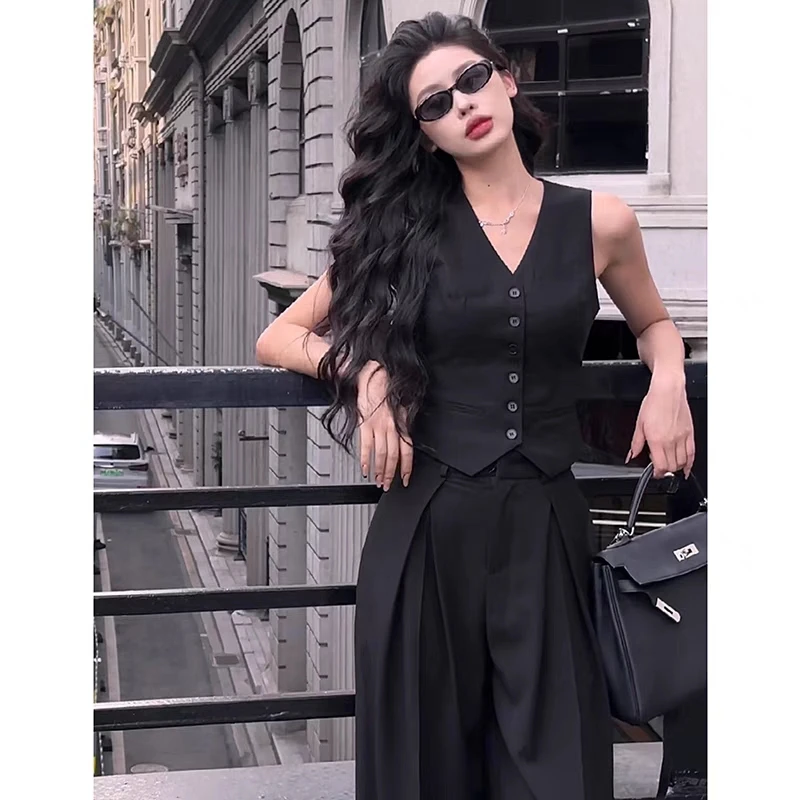 港风复古小众修身显瘦无袖坎肩V领背心高腰休闲裤女套装两件套