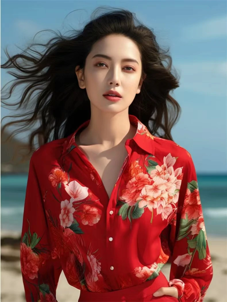 国风东北时尚大花上衣2025春季设计感小众红色印花洋气长袖衬衫女