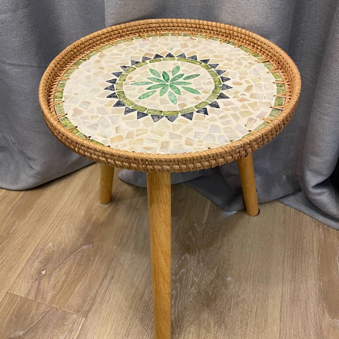 MT05藤编贝壳茶几托盘圆形水果盘边几盘收纳盘高度40cm托盘35cm