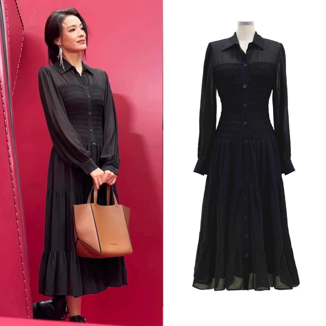 舒淇同款黑色高级感雪纺连衣裙蕾丝气质礼服法式收腰秋季轻奢裙子