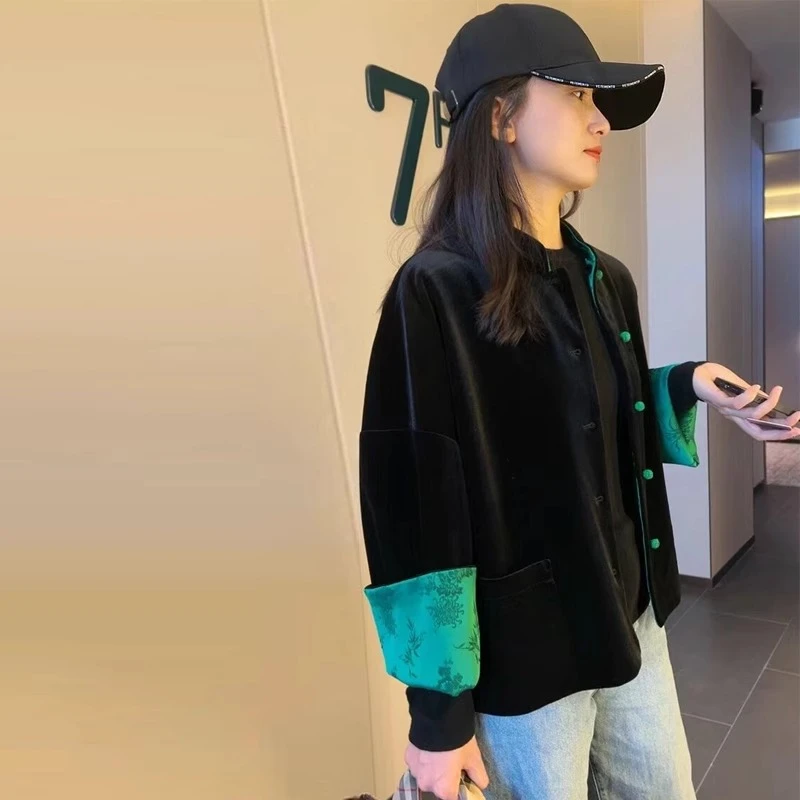 杨幂同款黑色丝绒外套女入秋宽松韩版长袖气质新中式盘扣国风上衣