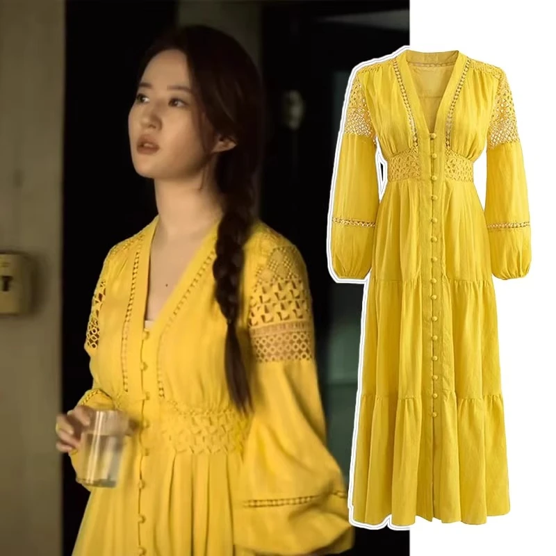 玫瑰刘亦菲黄亦玫同款蕾丝法式v领泡泡袖连衣裙气质夏季收腰遮肚
