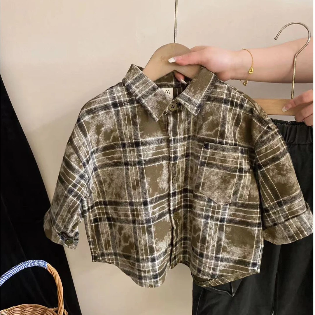 M-T051男女童韩版中性款秋季格子衬衫工装裤组合