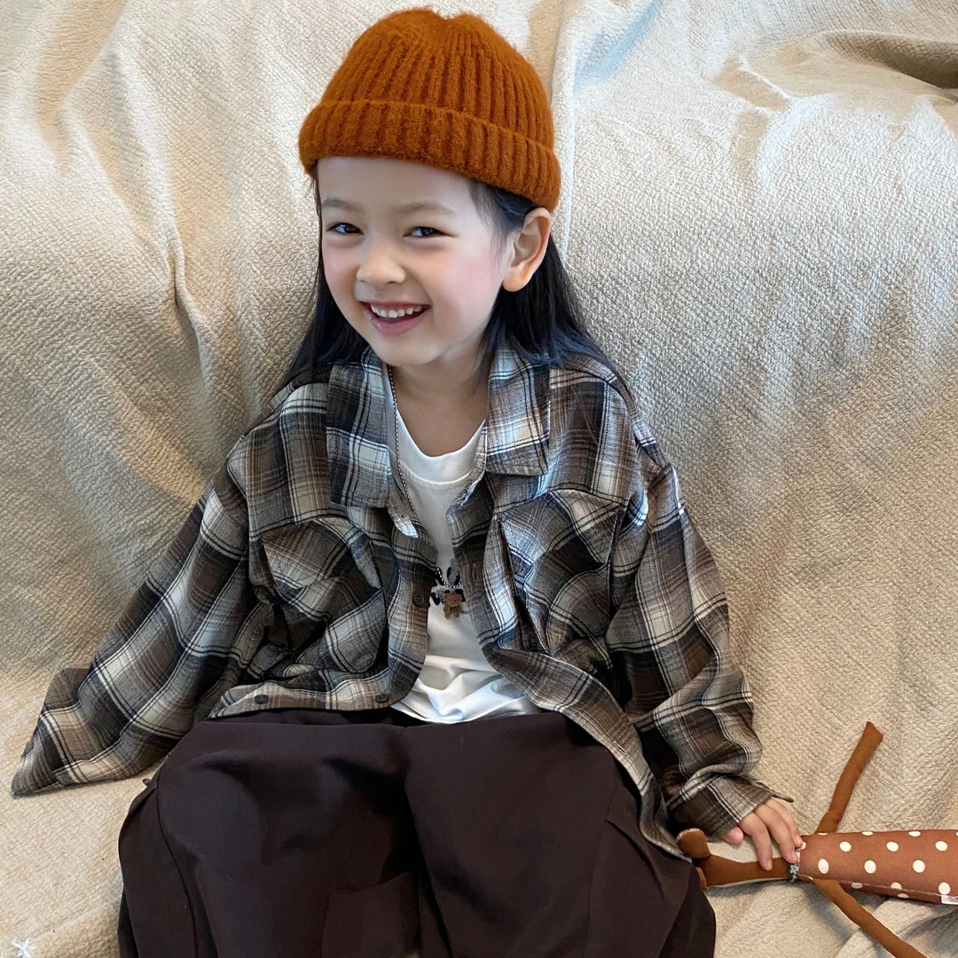 M-Y325男女童中性款韩版秋季格子衬衣外套