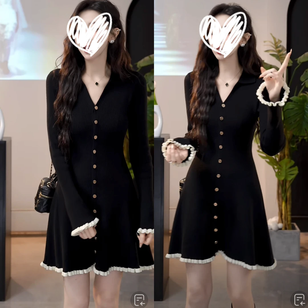 2024秋冬新款时尚中长款针织修身显瘦高级v领毛衣打底黑色连衣裙