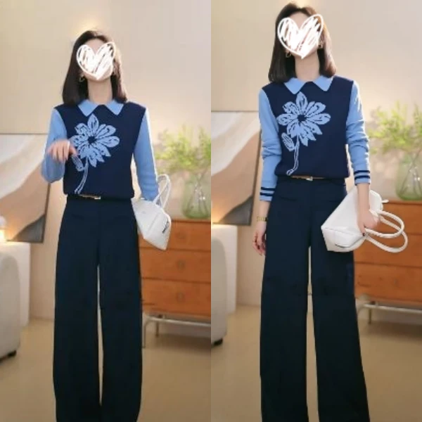 2024新款秋冬假两件提花撞色套头毛织上衣+窄版直筒高腰休闲裤女