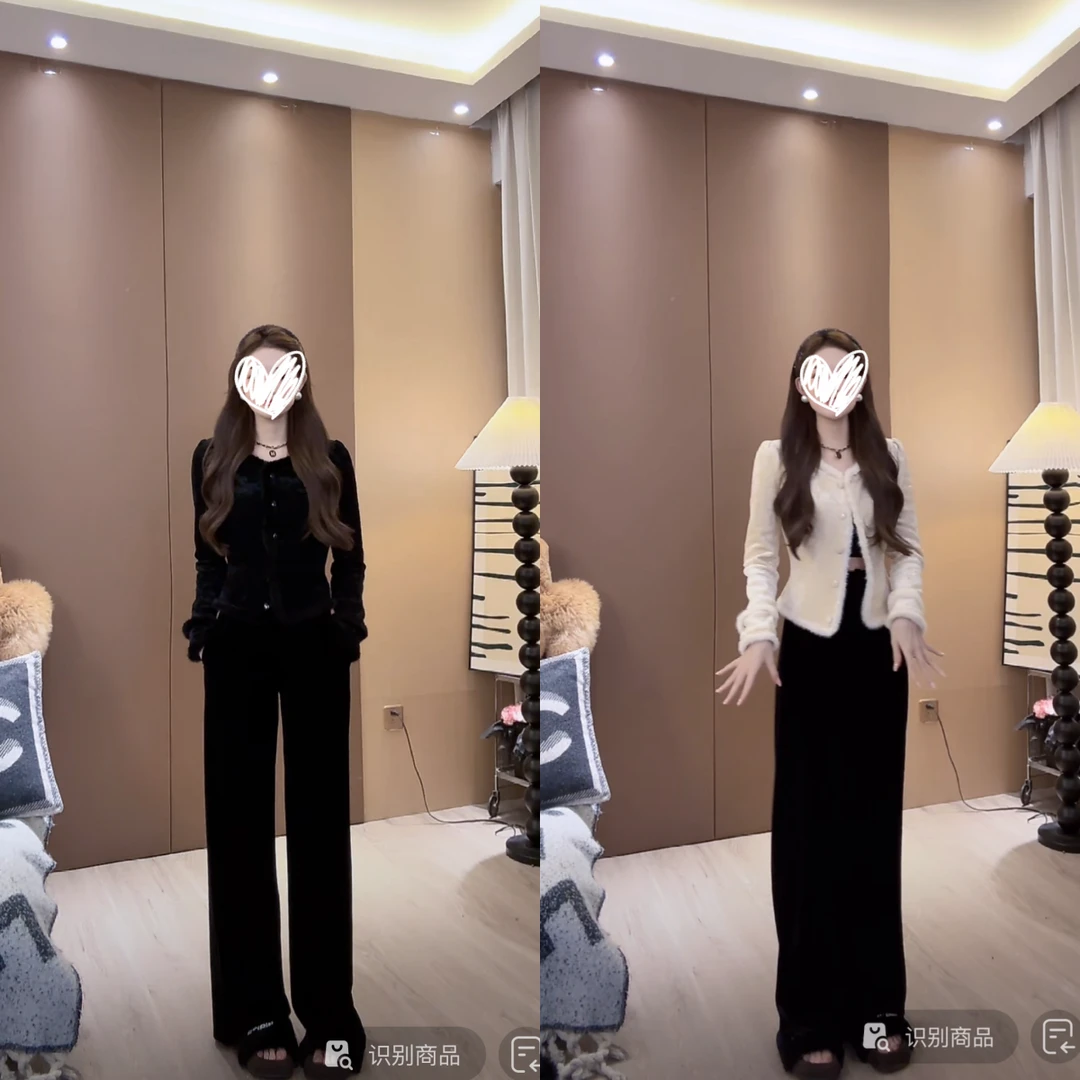 冬季新款修身显瘦时尚设计款毛毛短外套女高腰直筒显瘦百搭休闲裤