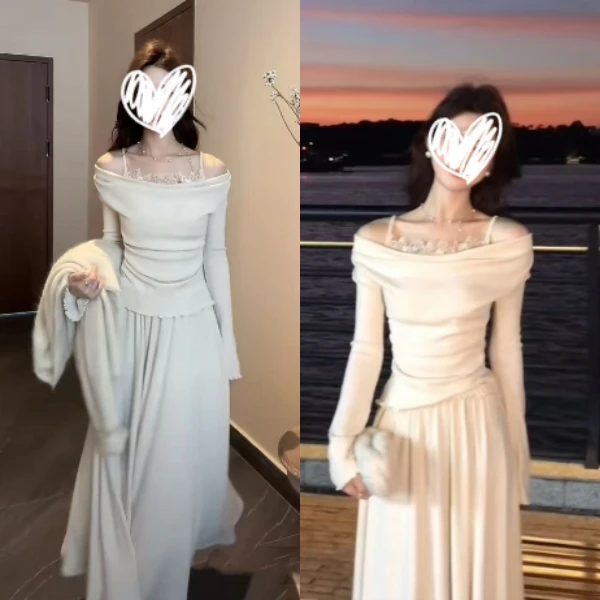 韩系一字领蕾丝花边吊带长袖褶皱针织上衣高腰显瘦半身裙长裙套装