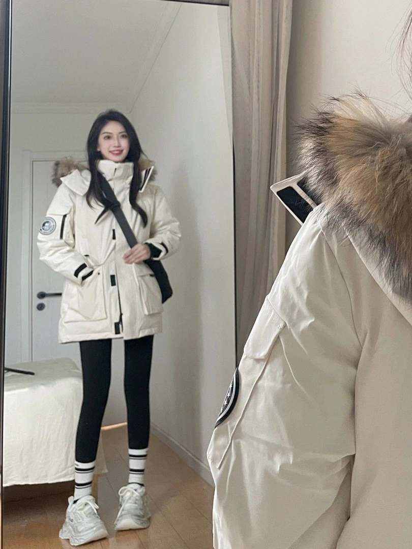 ins美式大毛领工装羽绒服女学生韩版宽松冬季2023新款加厚派克羽